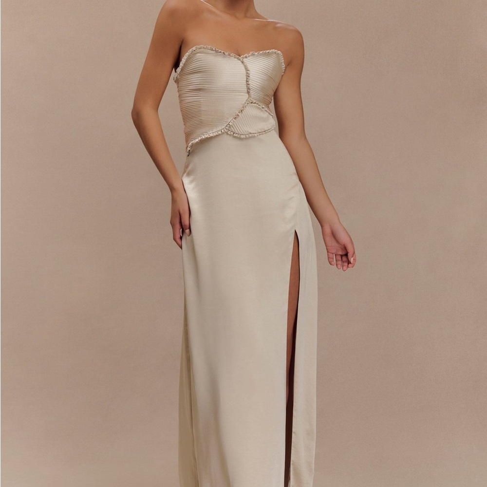 Meshki Strapless Satin Gown in Champagne